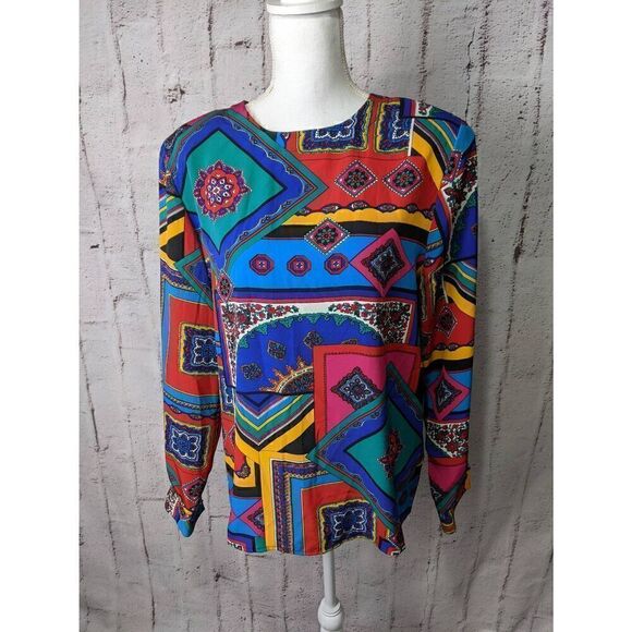 Jacqueline Ferrar Y2K Vintage Pop Art Blouse with Shoulder Pads- Size 12 L Large - Picture 1 of 7